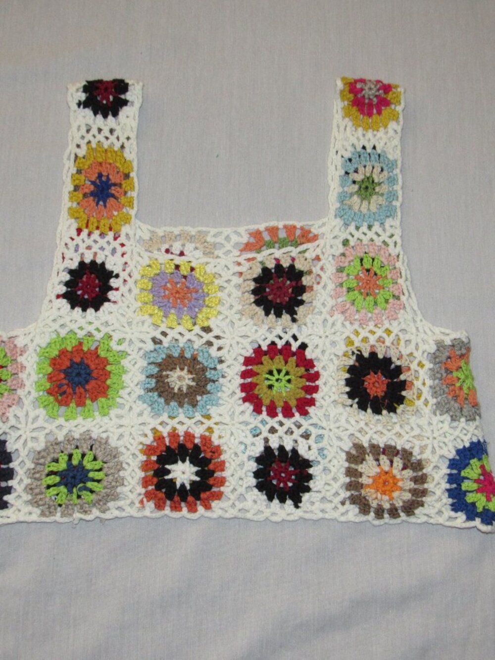 Granny Square Crochet Cropped Tank Top Colorful Festival Boho One Size Open Knit - Picture 4 of 4